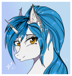 Size: 788x830 | Tagged: safe, artist:hysteriana, oc, oc only, oc:evening lake, pony, unicorn, amber eyes, blue background, blue hair, blue mane, brown eyes, bust, ear fluff, eyebrows, eyebrows visible through hair, female, glossy, light skin, looking at you, mare, orange eyes, phone drawing, ponytail, portrait, simple background, smiling, solo, sparkles, spots, spotted