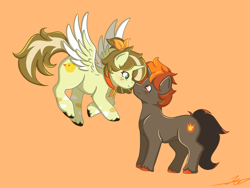 Size: 3072x2304 | Tagged: safe, artist:duckyia, oc, alicorn, pony, unicorn, boop, couple, cute, flying, high res, noseboop, orange background, simple background
