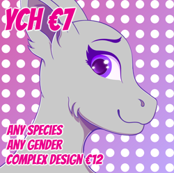 Size: 2512x2505 | Tagged: safe, artist:autumnsfur, oc, oc only, pony, commission, hairless, high res, looking at someone, purple eyes, side view, simple background, smiling, text, your character here