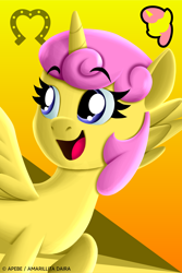 Size: 2250x3376 | Tagged: safe, artist:apebe, oc, oc only, oc:amarillita daira, alicorn, pony, abstract background, alicorn oc, female, gradient background, happy, high res, horn, icon, mare, open mouth, poster, solo, spread wings, symbol, watermark, wings