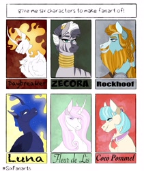 Size: 3460x4096 | Tagged: safe, artist:inisealga, coco pommel, daybreaker, fleur-de-lis, princess luna, rockhoof, zecora, alicorn, earth pony, pony, unicorn, zebra, g4, beard, curved horn, facial hair, female, horn, male, mare, neck rings, stallion