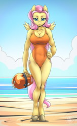 Size: 1864x3070 | Tagged: safe, artist:mysticalpha, fluttershy, pegasus, anthro, unguligrade anthro, g4, baywatch, beach, big breasts, breasts, busty fluttershy, cleavage, clothes, female, hand on hip, legs together, lifeguard, lifeguard fluttershy, looking at you, mare, one-piece swimsuit, orange swimsuit, solo, swimsuit