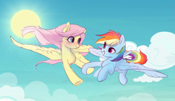 Size: 2651x1536 | Tagged: safe, artist:树与猹, fluttershy, rainbow dash, pegasus, pony, g4, blushing, cloud, cute, duo, duo female, eye contact, female, flying, grin, high res, holding hooves, lesbian, looking at each other, looking at someone, mare, outdoors, ship:flutterdash, shipping, sky, smiling, smiling at each other, spread wings, sun, underhoof, wings
