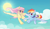 Size: 2651x1536 | Tagged: safe, artist:树与猹, fluttershy, rainbow dash, pegasus, pony, g4, blushing, cloud, cute, duo, duo female, eye contact, female, flying, grin, high res, holding hooves, lesbian, looking at each other, looking at someone, mare, outdoors, ship:flutterdash, shipping, sky, smiling, smiling at each other, spread wings, sun, underhoof, wings