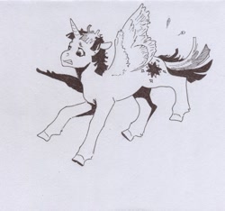 Size: 911x854 | Tagged: safe, artist:adeptus-monitus, twilight sparkle, alicorn, pony, g4, flying, monochrome, solo, traditional art