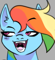 Size: 425x462 | Tagged: safe, artist:eddotheweirdo, rainbow dash, pegasus, pony, g4, bust, gray background, open mouth, open smile, portrait, rainbow dash is best facemaker, simple background, smiling, smug, solo