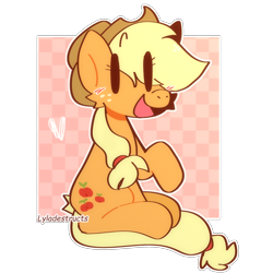 Size: 2000x2000 | Tagged: safe, artist:lyladestructs, applejack, earth pony, pony, g4, blush lines, blushing, cute, eye clipping through hair, female, hat, high res, jackabetes, looking at you, open mouth, raised hoof, simple background, sitting, smiling, smiling at you, solo