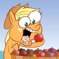 Size: 720x720 | Tagged: safe, artist:hotdiggedydemon, applejack, earth pony, pony, .mov, apple.mov, g4, apple, eating, food, funny, funny as hell, herbivore, jappleack