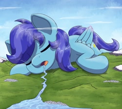 Size: 2656x2384 | Tagged: safe, artist:eisky, oc, oc:sierra nightingale, pegasus, pony, cute, drool, eyes closed, giant pony, high res, lake, lying down, macro, mountain, open mouth, salivating, sleeping, snoring, water