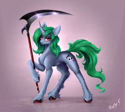 Size: 3242x2910 | Tagged: safe, artist:julysunset, oc, oc:minerva, pony, unicorn, green mane, high res, red eyes, scythe, solo