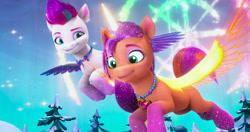 Size: 4096x2160 | Tagged: safe, screencap, sunny starscout, zipp storm, alicorn, pegasus, pony, g5, my little pony: make your mark, my little pony: make your mark chapter 6, secrets of starlight, spoiler:g5, spoiler:my little pony: make your mark chapter 6, spoiler:mymc06e04, duo, duo female, female, mane stripe sunny, mare, outdoors, race swap, smiling, spread wings, sunnycorn, wings