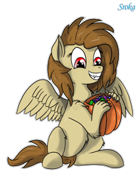 Size: 1040x1304 | Tagged: safe, artist:sroka001, oc, oc:yuris, pegasus, pony, werewolf, holding, pumpkin, simple background, sitting, solo, transparent background