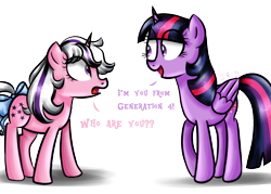 Size: 1216x870 | Tagged: safe, artist:blackgryph0n, artist:technoponywardrobe, twilight, twilight sparkle, alicorn, pony, unicorn, mlp fim's thirteenth anniversary, g1, g4, 40th anniversary, bow, cute, duo, duo female, female, g1 to g4, g1 twiabetes, generation leap, generational ponidox, happy birthday mlp:fim, horn, lighting, looking at each other, looking at someone, mare, multiverse, open mouth, open smile, raised hoof, shading, simple background, smiling, surprised, text, transparent background, twiabetes, twilight sparkle (alicorn)
