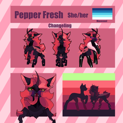 Size: 5000x5000 | Tagged: safe, artist:minty--fresh, oc, oc only, oc:pepper fresh, changeling, :3, boots, changeling oc, chest fluff, closed mouth, clothes, curved horn, ear fluff, fangs, feather boa, forked tongue, heart, heart eyes, horn, latex, latex socks, leather, leather boots, long hair, long tongue, masexual, masexual pride flag, multicolored mane, multicolored tail, open mouth, piercing, pink changeling, pink mane, pride flag, purple blush, red changeling, reference sheet, shoes, short tail, silhouette, size comparison, slit pupils, smiling, striped background, tongue out, tongue piercing