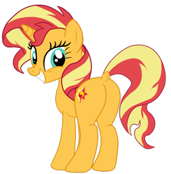 Size: 1779x1814 | Tagged: safe, artist:gmaplay, sunset shimmer, pony, unicorn, g4, g5, bunset shimmer, butt, butt shake, dock, female, fit right in (g5), grin, looking at you, looking back, looking back at you, plot, simple background, smiling, solo, tail, transparent background, vector, watch us shake our unicorn butts