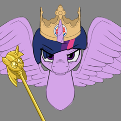 Size: 635x636 | Tagged: safe, artist:mranthony2, twilight sparkle, alicorn, pony, g4, burger king, burger king crown, bust, exploitable meme, eye clipping through hair, kubrick stare, looking at you, meme, scepter, simple background, solo, spread wings, twilight scepter, twilight sparkle (alicorn), wings