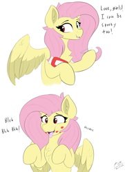 Size: 2900x4000 | Tagged: safe, artist:astrum, fluttershy, pegasus, pony, g4, bottle, chest fluff, clothes, contact lens, costume, cute, cute little fangs, dialogue, digital art, ear fluff, fangs, food, giggling, halloween, halloween costume, holding, holiday, ketchup, nightmare night, offscreen character, open mouth, open smile, red eyes, sauce, simple background, smiling, solo, spread wings, talking, tongue out, white background, wings