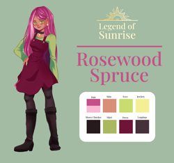Size: 2550x2383 | Tagged: safe, artist:cheripiesart, oc, oc only, oc:rosewood spruce, human, series:legendofsunrise, boots, choker, clothes, color palette, ear piercing, earring, green background, high res, jewelry, offspring, parent:timber spruce, parent:twilight sparkle, parents:timbertwi, piercing, reference sheet, shirt, shoes, simple background, skirt, solo