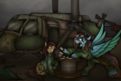 Size: 3000x2000 | Tagged: safe, artist:molars, oc, oc:sorren, oc:timeline, earth pony, pegasus, pony, ashes town, fallout equestria, angry, blue fur, clothes, colored wings, complex background, drunk, duo, full body, high res, jacket, jumpsuit, keep out, playing card, rendered, roadsign, smiling, smirk, spread wings, teeth, unshorn fetlocks, vertibuck, wings, wires, wrench, yelling