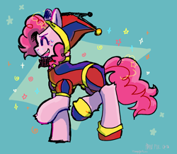 Size: 1911x1668 | Tagged: safe, artist:xxangelgutzxx, pinkie pie, earth pony, pony, g4, abstract background, clothes, cosplay, costume, eyes closed, female, hat, jester, jester hat, jester outfit, jester pie, mare, open mouth, open smile, pomni, profile, simple background, smiling, solo, standing on two hooves, sweat, sweatdrops, teal background, the amazing digital circus