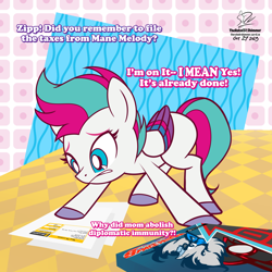 Size: 1920x1920 | Tagged: safe, artist:theratedrshimmer, zipp storm, pegasus, pony, g5, abstract background, concerned, female, folder, horse taxes, implied pipp petals, paper, passepartout, solo, taxes