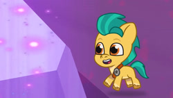 Size: 3072x1727 | Tagged: safe, screencap, hitch trailblazer, earth pony, pony, g5, my little pony: tell your tale, nightmare nightmarket, spoiler:g5, spoiler:my little pony: tell your tale, spoiler:tyts01e63, baby, baby pony, colt, colt hitch trailblazer, micro, open mouth, open smile, smiling, solo, younger