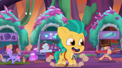 Size: 3072x1727 | Tagged: safe, screencap, alphabittle blossomforth, berries (g5), hitch trailblazer, sparky sparkeroni, sugarpuff lilac, breezie, dragon, earth pony, pegasus, pony, unicorn, g5, my little pony: tell your tale, nightmare nightmarket, spoiler:g5, spoiler:my little pony: tell your tale, spoiler:tyts01e63, :o, baby, baby dragon, baby pony, colt, colt hitch trailblazer, cute, giant baby pony, giant pony, grin, hitchbetes, macro, male, open mouth, open smile, smiling, stallion, younger