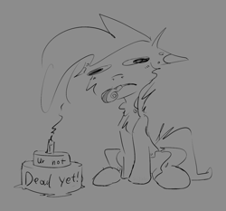 Size: 800x747 | Tagged: safe, artist:geljado, oc, oc only, oc:broken symmetry, earth pony, pony, birthday, birthday cake, cake, food, monochrome, party horn, sitting, sketch, solo, text