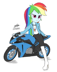 Size: 1024x1280 | Tagged: safe, artist:gibsterboy5, rainbow dash, equestria girls, g4, boots, clothes, denim, denim jacket, high heel boots, jacket, motorcycle, photoshop, shoes, signature, simple background, sketch, solo, white background