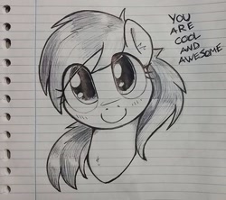 Size: 1038x923 | Tagged: safe, artist:whiskeypanda, rainbow dash, pegasus, pony, g4, blushing, bust, cute, dialogue, ink drawing, lined paper, looking at you, smiling, smiling at you, solo, traditional art