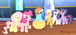 Size: 3262x1534 | Tagged: safe, artist:firesparkmlp, applejack, fluttershy, pinkie pie, rainbow dash, rarity, twilight sparkle, alicorn, earth pony, pegasus, pony, unicorn, g4, base used, blushing, female, mane six, nightmare night, pumpkin, twilight sparkle (alicorn), twilight's castle