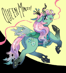 Size: 2048x2266 | Tagged: safe, artist:poniesart, minty, queen chrysalis, changeling, changeling queen, pony, g3, g4, changeling hybrid, changelingified, eyeshadow, fusion, fusion:minty, fusion:queen chrysalis, gradient horn, gradient legs, gradient mane, gradient tail, high res, horn, looking at you, looking back, looking back at you, makeup, open mouth, sharp teeth, smiling, solo, species swap, striped horn, tail, teeth