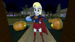 Size: 1920x1080 | Tagged: safe, artist:oatmeal!, derpy hooves, human, equestria girls, g4, 3d, accessory swap, bone, boots, cape, clothes, costume, dc comics, decoration, gmod, grin, halloween, halloween costume, hand on hip, holiday, jack-o-lantern, looking at you, night, pumpkin, shoes, skeleton, skirt, smiling, solo, spread legs, spreading, supergirl, superhero, superhero costume, superman, thigh boots, trick or treat