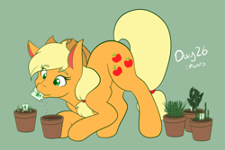 Size: 2048x1365 | Tagged: safe, artist:mscolorsplash, applejack, earth pony, pony, g4, cute, female, green background, jackabetes, mare, mouth hold, plant, planting, ponytober, seeds, simple background, solo