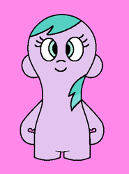 Size: 350x473 | Tagged: source needed, safe, artist:rainbowteddybear2002, aura (g4), earth pony, pony, g4, aurabetes, cartoon network, cute, female, filly, foal, nood, noodified, pink background, simple background, smiling, solo