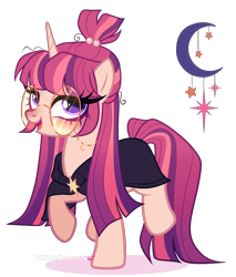 Size: 1512x1777 | Tagged: safe, artist:gihhbloonde, oc, oc only, unnamed oc, cape, clothes, glasses, glasses chain, gradient mane, gradient tail, lightly watermarked, magical lesbian spawn, offspring, open mouth, parent:moondancer, parent:twilight sparkle, parents:twidancer, purple eyes, raised hoof, round glasses, simple background, smiling, solo, standing, tail, transparent background, watermark