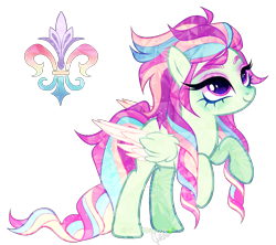 Size: 1981x1757 | Tagged: safe, artist:gihhbloonde, oc, oc only, unnamed oc, crystal pegasus, crystal pony, pegasus, pony, adoptable, closed mouth, colored wings, colored wingtips, eyeshadow, female, folded wings, gradient mane, gradient tail, lightly watermarked, looking up, magenta eyes, magical lesbian spawn, makeup, mare, offspring, parent:fleur de verre, parent:rainbow dash, parents:verredash, raised hoof, rearing, simple background, smiling, solo, tail, thick eyebrows, transparent background, watermark, wings
