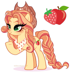 Size: 1399x1417 | Tagged: safe, artist:gihhbloonde, oc, oc only, unnamed oc, earth pony, pony, adoptable, braid, braided tail, closed mouth, cowboy hat, female, freckles, green eyes, hat, lightly watermarked, magical lesbian spawn, mare, neckerchief, offspring, parent:applejack, parent:strawberry sunrise, parents:applerise, raised hoof, simple background, smiling, solo, standing, stetson, tail, transparent background, watermark