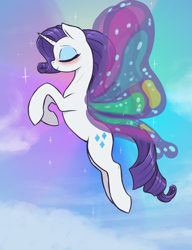 Size: 2300x3000 | Tagged: safe, alternate version, artist:t72b, rarity, pony, unicorn, g4, blushing, butterfly wings, cloud, eyes closed, eyeshadow, female, flowing mane, flying, glimmer wings, gossamer wings, high res, horn, makeup, mare, rainbow, sky, solo, sparkles, wings