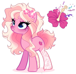 Size: 1972x1933 | Tagged: safe, artist:gihhbloonde, oc, oc only, unnamed oc, earth pony, pony, adoptable, clothes, cyan eyes, eyes closed, female, flower, gradient mane, gradient tail, hibiscus, lightly watermarked, magical lesbian spawn, mare, offspring, parent:lily valley, parent:pinkie pie, parents:lilypie, simple background, smiling, socks, solo, standing, stockings, tail, thigh highs, transparent background, watermark