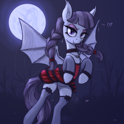 Size: 3000x3000 | Tagged: safe, alternate version, artist:t72b, inky rose, bat pony, pegasus, pony, undead, vampire, vampony, g4, alternate clothes, bat ponified, bat wings, bedroom eyes, braid, choker, clothes, dress, ear fluff, fangs, female, flying, frilly dress, gothic, high res, jewelry, lidded eyes, looking at you, mare, moon, necklace, night, race swap, slit pupils, socks, solo, spread wings, stars, stockings, thigh highs, wings