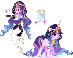 Size: 3966x3175 | Tagged: safe, artist:gihhbloonde, oc, oc only, unnamed oc, human, pony, unicorn, equestria girls, g4, adoptable, clothes, crossover fusion, crown, female, fingerless gloves, floating, fusion, fusion:layla, fusion:twilight sparkle, genshin impact, gloves, golden eyes, gradient mane, gradient tail, high heels, high res, hood, horn, jewelry, layla (genshin impact), long horn, long mane, long tail, mare, open mouth, peytral, regalia, shoes, simple background, skirt, smiling, standing, stockings, tail, thigh highs, transparent background, yellow eyes