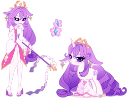 Size: 900x703 | Tagged: safe, artist:gihhbloonde, oc, oc only, unnamed oc, human, pony, unicorn, equestria girls, g4, adoptable, closed mouth, clothes, crossover fusion, crown, detached sleeves, ear piercing, earring, female, floppy ears, fusion, fusion:rarity, fusion:yae miko, genshin impact, gradient hair, gradient mane, gradient tail, jewelry, looking at you, looking down, mare, piercing, purple eyes, regalia, sandals, simple background, smiling, standing, tail, tassels, transparent background, wand, yae miko (genshin impact)