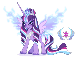 Size: 1975x1496 | Tagged: safe, artist:gihhbloonde, oc, oc only, unnamed oc, alicorn, pony, g4, g5, adoptable, augmented wings, braid, closed mouth, colored hooves, crown, ethereal wings, eyeshadow, female, hair bun, horn, jewelry, lightly watermarked, long horn, magical lesbian spawn, makeup, mare, offspring, parent:opaline arcana, parent:twilight sparkle, peytral, purple eyes, regalia, simple background, smiling, sparkly eyeshadow, spread wings, standing, tiara, transparent background, unshorn fetlocks, watermark, wings