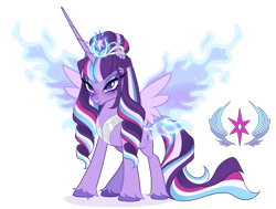 Size: 1975x1496 | Tagged: safe, artist:gihhbloonde, oc, oc only, unnamed oc, alicorn, pony, g4, g5, adoptable, augmented wings, braid, closed mouth, colored hooves, crown, ethereal wings, eyeshadow, female, hair bun, horn, jewelry, lightly watermarked, long horn, magical lesbian spawn, makeup, mare, offspring, parent:opaline arcana, parent:twilight sparkle, parents:opalight, peytral, purple eyes, regalia, simple background, smiling, sparkly eyeshadow, spread wings, standing, tiara, transparent background, unshorn fetlocks, watermark, wings