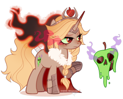 Size: 1807x1456 | Tagged: safe, artist:gihhbloonde, oc, oc only, unnamed oc, pony, unicorn, adoptable, armor, braid, cape, closed mouth, clothes, colored sclera, crown, ethereal mane, female, frown, gradient horn, green sclera, helmet, horn, jewelry, lightly watermarked, mare, offspring, parent:applejack, parent:king sombra, parents:sombrajack, raised hoof, red eyes, regalia, simple background, sombra eyes, standing, transparent background, unamused, watermark
