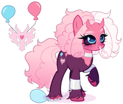 Size: 2169x1846 | Tagged: safe, artist:gihhbloonde, oc, oc only, unnamed oc, earth pony, hybrid, pony, adoptable, balloon, black sclera, closed mouth, colored hooves, colored sclera, cuffed, cyan eyes, dark sclera, devil horns, female, gradient tail, horns, hybrid oc, lightly watermarked, looking up, mare, nose piercing, nose ring, offspring, parent:pinkie pie, parent:tirek, parents:tirekpie, piercing, raised hoof, simple background, smiling, standing, tail, transparent background, unshorn fetlocks, watermark