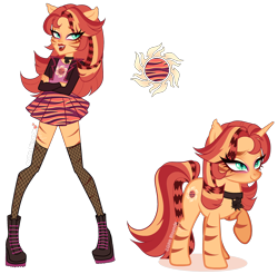 Size: 2432x2391 | Tagged: safe, artist:gihhbloonde, oc, oc only, unnamed oc, cat, cat pony, human, original species, pony, unicorn, equestria girls, g4, adoptable, boots, catgirl, closed mouth, clothes, collar, coontails, crossed arms, crossover fusion, ear tufts, equestria girls-ified, eyebrows, eyeshadow, fangs, female, fishnet pantyhose, fusion, fusion:sunset shimmer, fusion:toralei, green eyes, high res, jacket, lidded eyes, lightly watermarked, lipstick, looking at you, makeup, mare, miniskirt, monster high, open mouth, raised eyebrow, raised hoof, shirt, shoes, simple background, skirt, slit pupils, smiling, socks, standing, stripes, thigh highs, thigh socks, transparent background, watermark