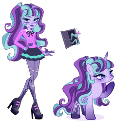 Size: 2376x2496 | Tagged: safe, artist:gihhbloonde, oc, oc only, unnamed oc, human, pony, unicorn, equestria girls, g4, adoptable, closed mouth, clothes, crossover fusion, equestria girls-ified, eyebrows, eyeshadow, female, fusion, fusion:starlight glimmer, fusion:twyla, gradient horn, gradient legs, hand on hip, high heels, high res, horn, lightly watermarked, looking at you, looking up, makeup, mare, monster high, ponytail, purple eyes, raised eyebrow, raised hoof, ripped stockings, shirt, shoes, simple background, skirt, smiling, standing, stockings, thigh highs, torn clothes, transparent background, walking, watermark