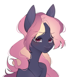 Size: 1876x2142 | Tagged: safe, artist:ruru_01, oc, oc only, pegasus, pony, anxiety, anxious, blushing, bust, commission, furrowed brow, long mane, looking at you, pink eyes, pink hair, portrait, sad, simple background, solo, white background